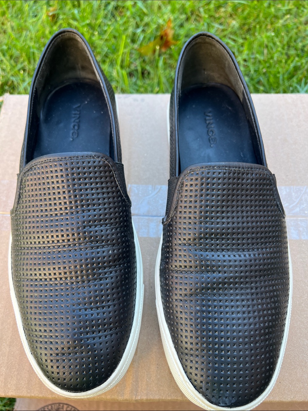 Vince Black Perforated Leather Slip-On Sneakers with White Sole